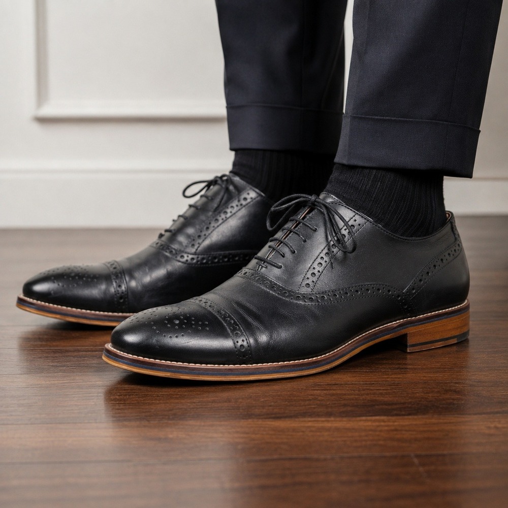 Johnston & Murphy Oxford Leather Dress Shoes Brogue Cap Toe Black Men's 13M